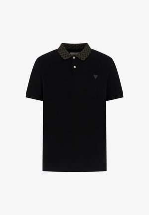 Polo nero con colletto testurizzato caratterizzato da un motivo geometrico, patta con due bottoni e un piccolo logo sul petto.