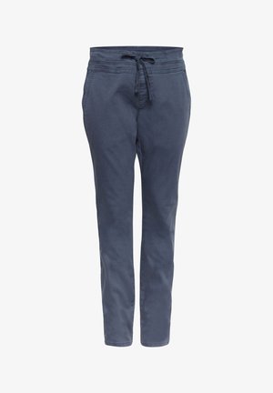 Tumed sinised kitsenevad püksid pehmest puuvillast, millel on elastne pahkluude ja nööriga vöökoht, küljetaskud ja sile tekstuur.