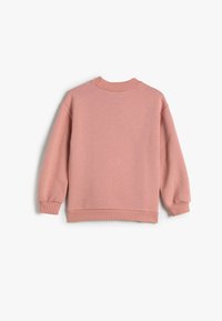 Sudadera rosa hecha de un tejido suave, con cuello redondo, mangas largas y puños y dobladillo acanalados. Textura suave, diseño minimalista.