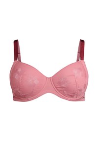 Růžová podprsenka s květinovou výšivkou, hladký materiál košíčků, s kosticemi pro podporu a burgundy nastavitelné ramínka. Klasický design a strukturovaný tvar.