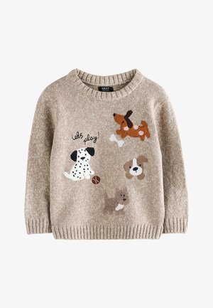 Bézs színű kötött gyerekpulóver hímzett játékos kutyákkal, egy csonttal, egy labdával és az elöl található "játsszunk!" felirattal.