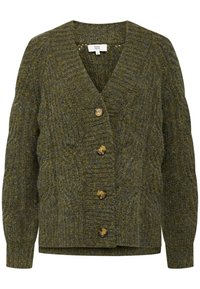 Sweter kardigan w oliwkowej zieleni z dekoltem w serek, pięcioma brązowymi guzikami i fakturowanym wzorem. Długie, lekko bufiaste rękawy z prążkowanymi mankietami.