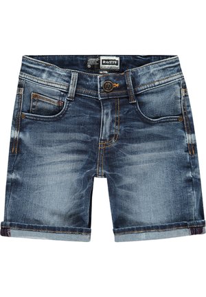 Jeansowe szorty w ciemnoniebieskim kolorze z jasnym wyblądzeniem, z podwiniętymi nogawkami, pięcioma kieszeniami i kontrastowymi szwami. Posiadają metalowy guzik i metkę marki.