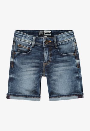 Mørkeblå denimshorts med lys falming, omslåede kanter, fem lommer og kontraststikning. Har en metalknap og mærkeetiket.