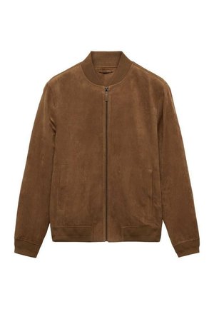 Jachetă bomber din suede maro cu fermoar în față, guler cu aspect ribat, două buzunare laterale și manșete elastice. Textură netedă, design minimalist.
