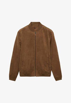 Brązowa skórzana bomberka z zamkiem błyskawicznym z przodu, prążkowanym kołnierzem, dwoma bocznymi kieszeniami oraz elastycznymi mankietami. Gładka tekstura, minimalistyczny design.
