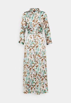 Langærmet kjole med knapper og krave, abstrakt mønster i flere farver (grøn, brun, lavendel) og tilpasset taljebælte.