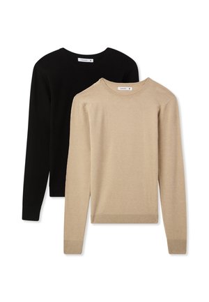 Due maglioni girocollo, uno beige davanti e uno nero dietro, entrambi a maniche lunghe e dal design semplice e senza ornamenti.