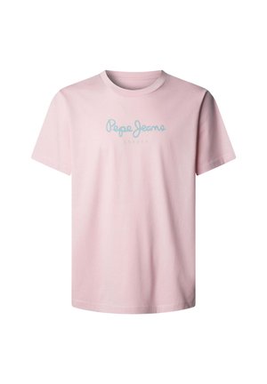 Camiseta de manga corta de color rosa claro con cuello redondo y texto azul "Pepe Jeans London" en el pecho, mostrada sobre un fondo blanco.