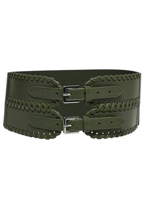 Szeroki pasek w oliwkowej zieleni z dwoma srebrnymi klamrami i ozdobnymi plecionymi krawędziami oraz elastycznym tylnym panelem dla rozciągliwości.