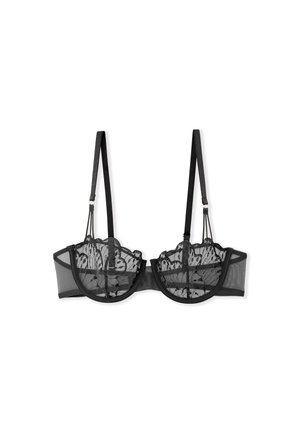 Reggiseno in pizzo nero con coppe semi-trasparenti, bordi scallop e spalline regolabili. Presenta una schiena in rete e un intricato motivo floreale sul pizzo.