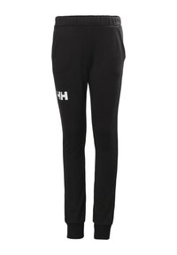 Pantalones de chándal negros de algodón, con cintura elástica, piernas ajustadas y un logotipo blanco en el muslo izquierdo. Textura suave.