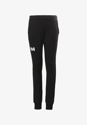 Pantalones de chándal negros de algodón, con cintura elástica, piernas ajustadas y un logotipo blanco en el muslo izquierdo. Textura suave.