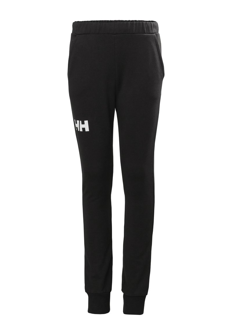 Pantalones de chándal negros de algodón, con cintura elástica, piernas ajustadas y un logotipo blanco en el muslo izquierdo. Textura suave.