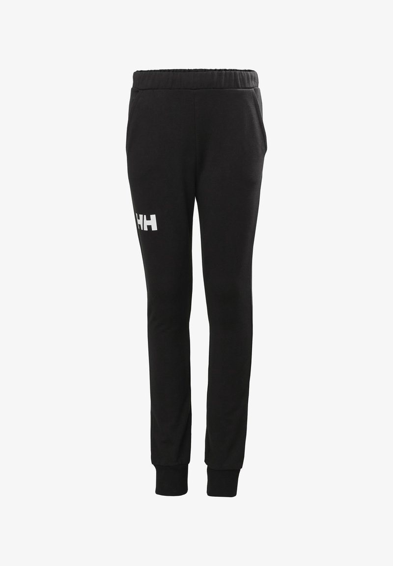 Pantalones de chándal negros de algodón, con cintura elástica, piernas ajustadas y un logotipo blanco en el muslo izquierdo. Textura suave.