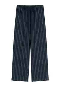 Marineblauwe wijde broek gemaakt van een zachte stof, met verticale lichtblauwe strepen en een elastische tailleband. Subtiele geborduurde logo-detail.