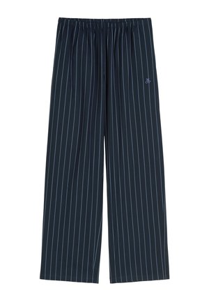 Pantaloni a gamba larga colore navy realizzati in tessuto morbido, con righe verticali azzurro chiaro e una cintura elastica. Dettaglio del logo ricamato in modo discreto.