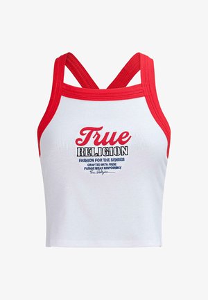 Balts ribots topiņš ar sarkanu apdari. Iekļauj "True Religion" tekstu sarkanā un zilā izšuvumā. Regulējamas krustveida siksnas.