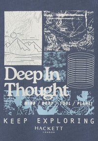 Abstraktná mapa a geometrické vzory s textom "Hlboko v zamyslení MYSEĽ / Telo / Duša / Planéta Pokračuj v objavovaní HACKETT LONDÝN" na modrom pozadí.