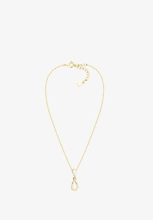 Goldfarbene Halskette mit einem Tropfenanhänger, der einen klaren Stein und kleinere Steine um die Basis angeordnet hat. Verstellbare Kettenlänge.