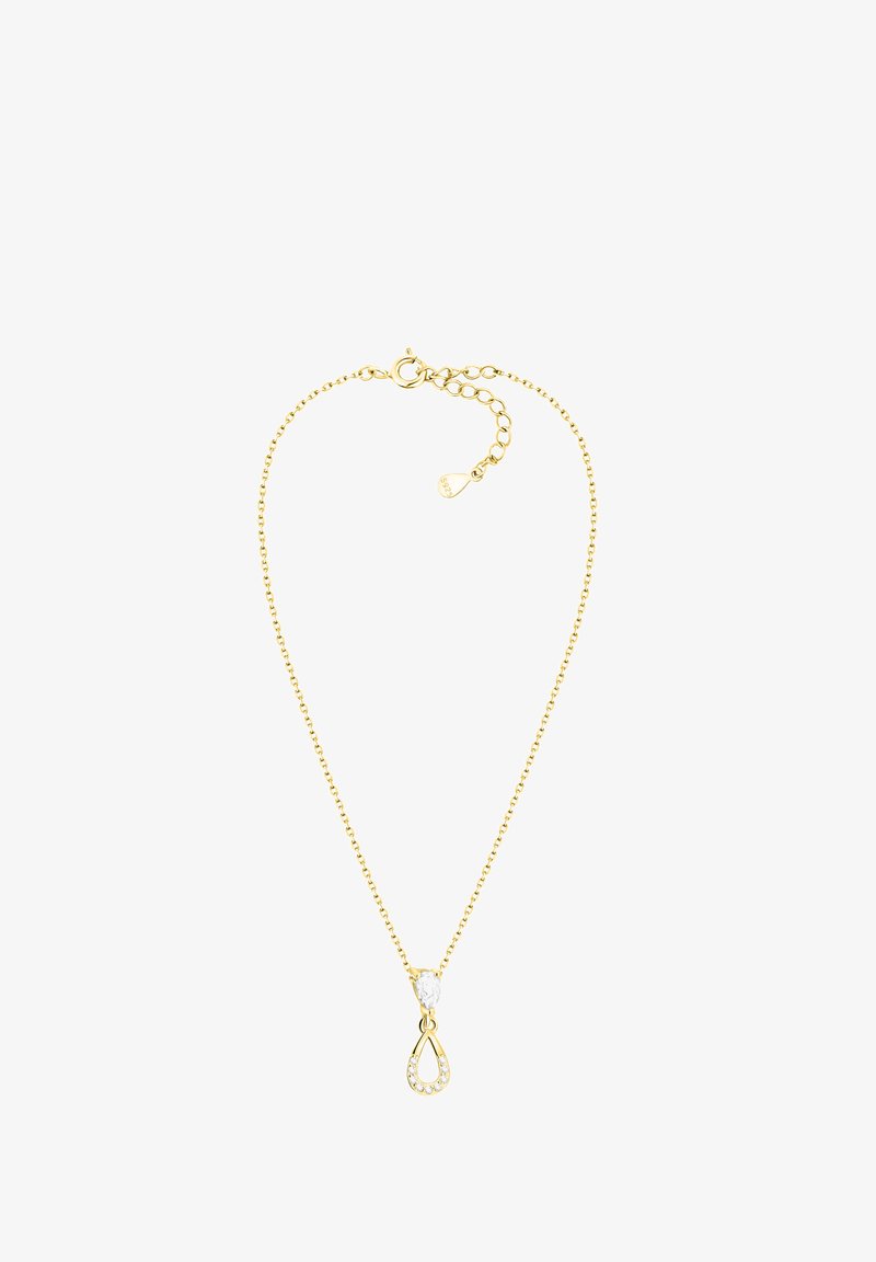 Guld-tone halskæde med en dråbeformet vedhæng, der har en klar sten og mindre sten arrangeret omkring basen. Justerbar kædelængde.