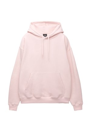 Lichtroze hoodie gemaakt van zacht materiaal. Heeft een voorkantzak, trekkoordkap en ribboord bij de mouwen en onderkant. Losse pasvorm en eenvoudig ontwerp.
