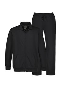 Giacca a zip nera con collo alto e due tasche frontali, abbinata a pantaloni neri con vita elastica. Tessuto morbido.
