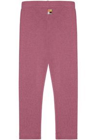 Leggings rosa in cotone con una vestibilità aderente e una fascia elastica in vita. Presentano un piccolo etichetta logata multicolore sul retro. Texture morbida.