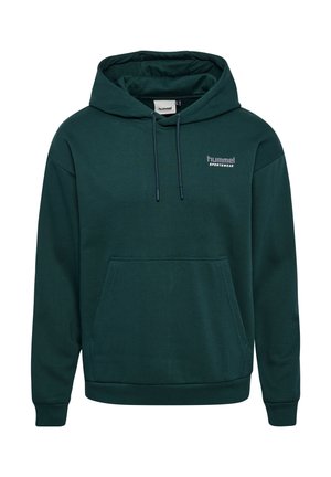 Dunkelgrüner Pullover-Hoodie mit vorderer Kängurutasche, Kordelzugkapuze und kleinem weißen „hummel sportswear“-Logo auf der linken Brust.