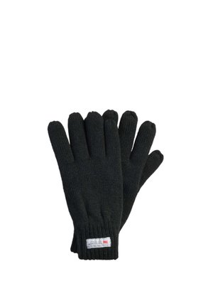 Par de guantes negros de punto con una pequeña etiqueta blanca y roja 3M Thinsulate en el puño de la muñeca, mostrados sobre un fondo blanco.
