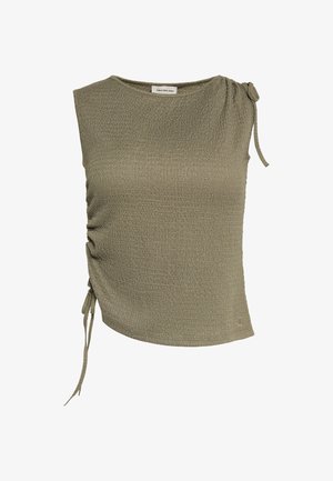 Haut sans manches tricoté vert olive texturé avec côtés froncés et liens ajustables à l'épaule et sur le côté gauche, étiquette Calvin Klein Jeans à l'intérieur du col.