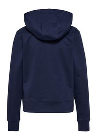 Navyblauwe hoodie met een ontspannen pasvorm, lange mouwen, een kangoeroezak en ribbels aan de mouwen en onderkant. Glad stofmateriaal.