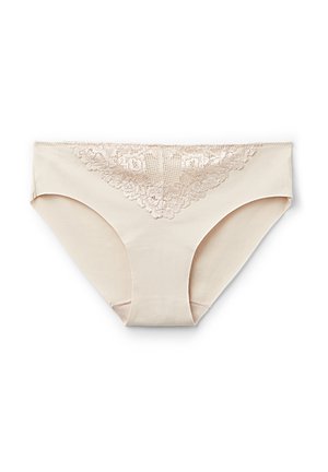 Beige Unterwäsche mit zartem Spitzenbesatz am oberen Rand, aus glattem, dehnbarem Stoff und traditionellem Schnittdesign für optimalen Komfort.
