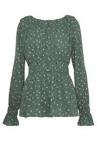 Blusa verde de mangas largas con escote fruncido y cintura elástica. Presenta patrones florales blancos y puños acampanados. Tela suave y ligera.
