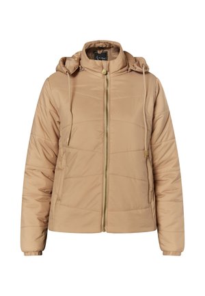 Bežinė pūkinė striukė su užtrauktuku priekyje, elastingais rankogaliais ir reguliuojama kapuce. Puošiama įstrižais siūlės ir auksinės spalvos užtrauktukų detalėmis.