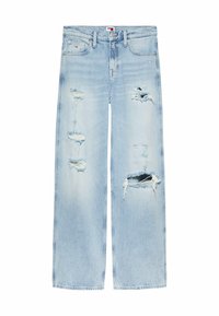 Heledad sinine kulunud denim, laiad sääred. Ees on mitmed rebendid ja särad, viie taskuga disain ja nupuga sulgemine.