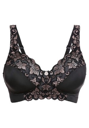 Senza di pizzo nero con sovrapposizione di pizzo che presenta motivi floreali in bronzo. Coppe lisce, spalline regolabili e dettagli decorativi al centro.