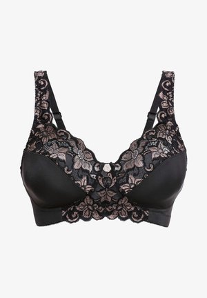 Senza di pizzo nero con sovrapposizione di pizzo che presenta motivi floreali in bronzo. Coppe lisce, spalline regolabili e dettagli decorativi al centro.