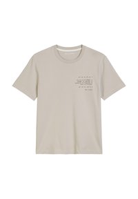 Light beige cotton t-shirt with short sleeves. Text on the left chest includes coordinates and a quote. Classic round neckline.