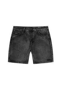 Czarne szorty dżinsowe z pięcioma kieszeniami, zapinane na guzik z przodu, z lekkim przetarciem, nadającym efektu postarzania.