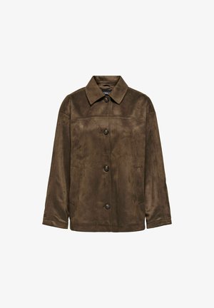 Pruun seemisnööpidega jakk krae ja pikkade varrukatega, kahe küljetasku ja sirge äärega.