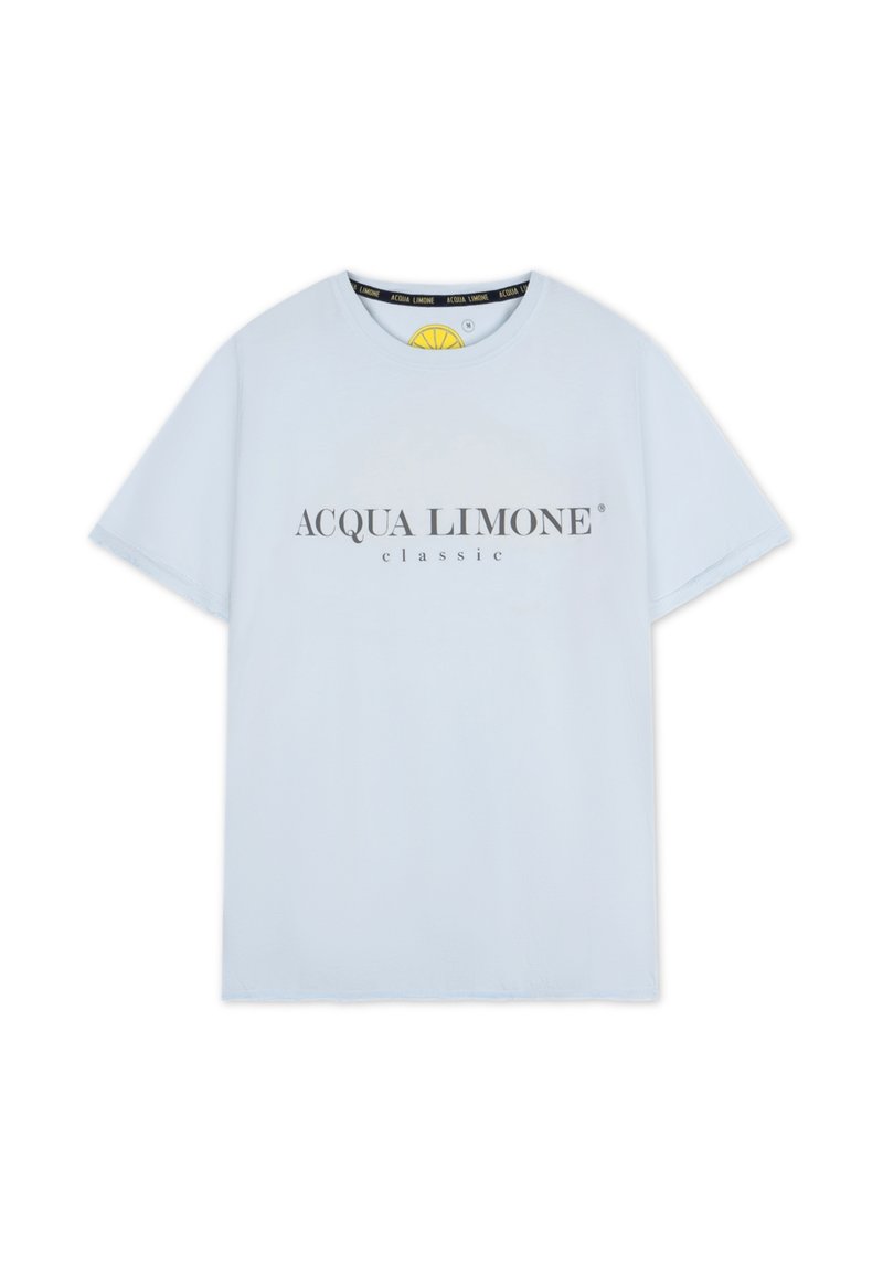 Ljusblå bomulls T-shirt med korta ärmar och rund halsringning. Har "ACQUA LIMONE classic" tryckt i mörkgrått på framsidan.