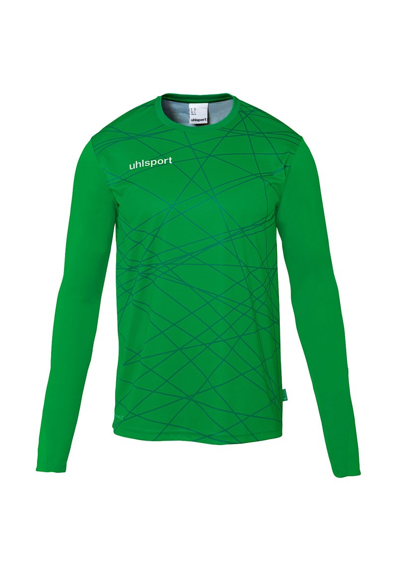 Maillot de gardien vert à manches longues avec des lignes diagonales abstraites bleues. Fabriqué en matériau léger, il présente un col rond et un logo de marque.