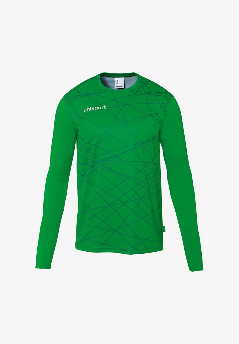 Grøn langærmet målmandstrøje med abstrakte blå diagonale linjer. Lavet af letvægtsmateriale, har rund halsudskæring og brandlogo.