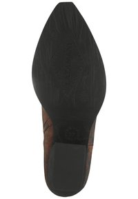 Scarpa marrone testurizzata con suola in gomma nera, caratterizzata da un distintivo motivo a diamante e etichetta di taglia 37 sul fondo.