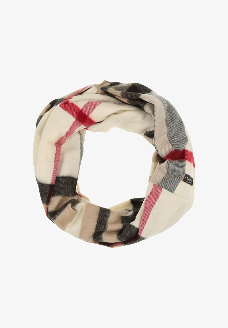 Écharpe circulaire en tissu doux, avec une base beige ornée de motifs en plaid marron, gris et rouge. Comprend une petite étiquette de marque.