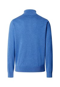 Vue arrière d'un pull à manches longues bleu uni avec poignets, ourlet et col montant côtelés sur fond blanc.