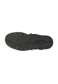 Schwarze Schuhsohle mit strukturiertem Gummioberfläche, featuring tiefen Rillen für bessere Griffigkeit und einem flachen Design ohne sichtbare Marken oder Akzente.