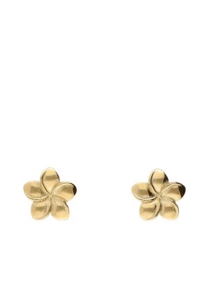 Par de pendientes de oro en forma de flor con cinco pétalos redondeados cada uno, mostrados sobre un fondo blanco.