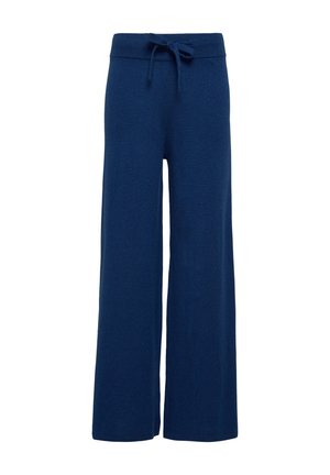 Donkerblauwe wijde broek met een trekkoord in de taille. Gemaakt van zachte, gestructureerde stof en heeft een losse en vloeiende silhouet.